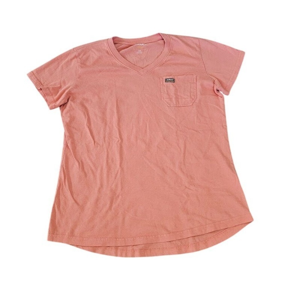 Ariat Rebar Womens V-Neck Pocket T-Shirt Coral Pink Cotton Work Tee Medium